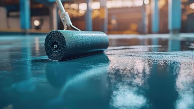 Close-up of roller applying protective blue waterproofing coating to concrete surface