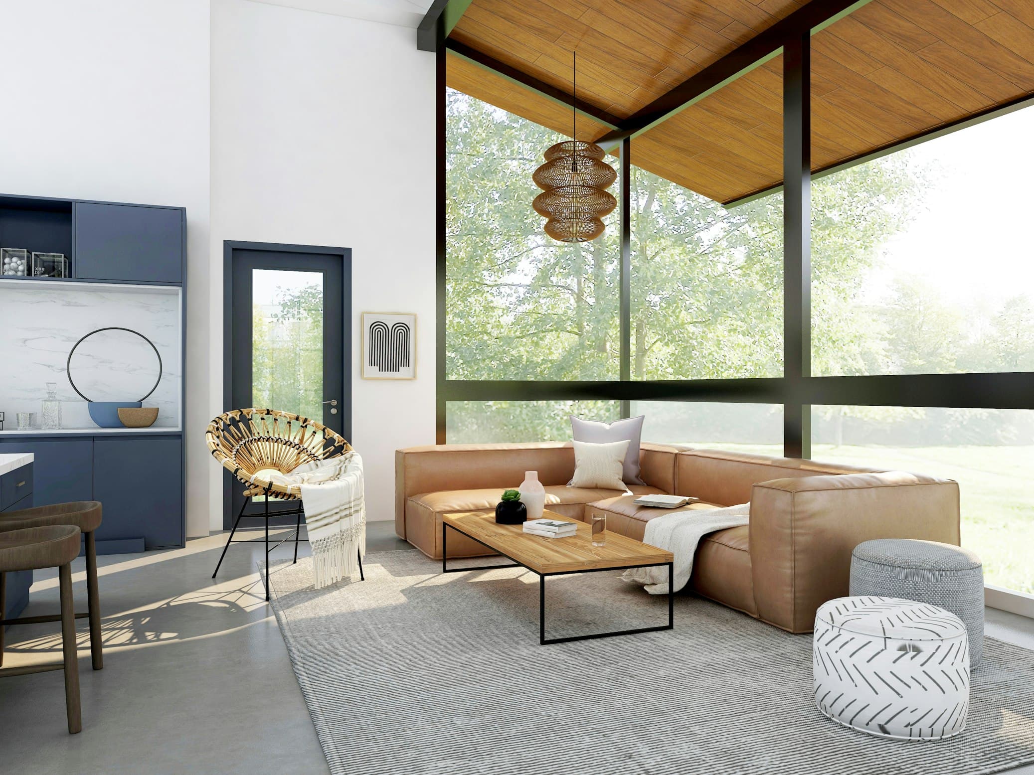 Modern open-concept residential living room interior with polished concrete floors and floor-to-ceiling windows