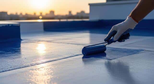 Worker applying blue liquid waterproofing coating on flat commercial roof deck